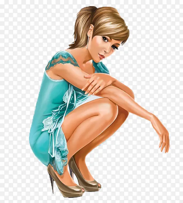 蓝裙女子插画
