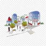 手绘城市建筑 插画 手绘 透明背景PNG