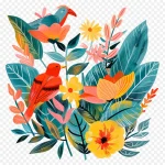 热带花卉与鸟儿插画 免费PNG素材