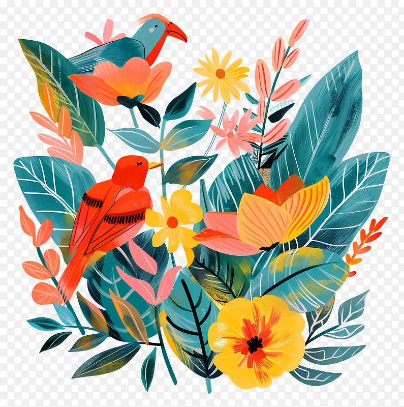 热带花卉与鸟儿插画