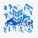 2.5D矢量蓝色简约建筑物 透明背景PNG