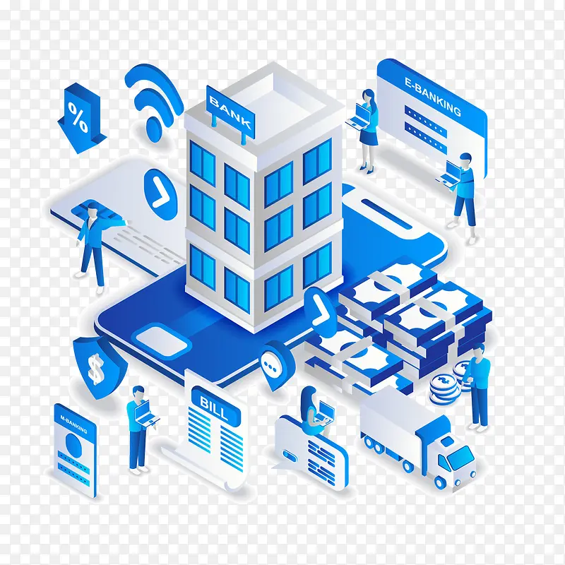 2.5D矢量蓝色简约建筑物