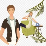 打电话的时尚男孩女孩 透明背景PNG